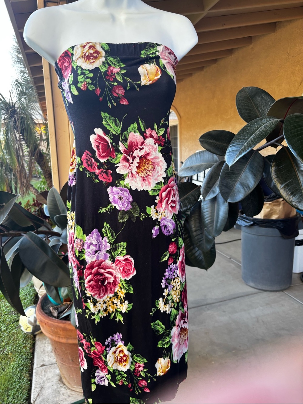 Haute Monde Black Strapless Floral Midi Dress with Pink, Purple & Green Blooms